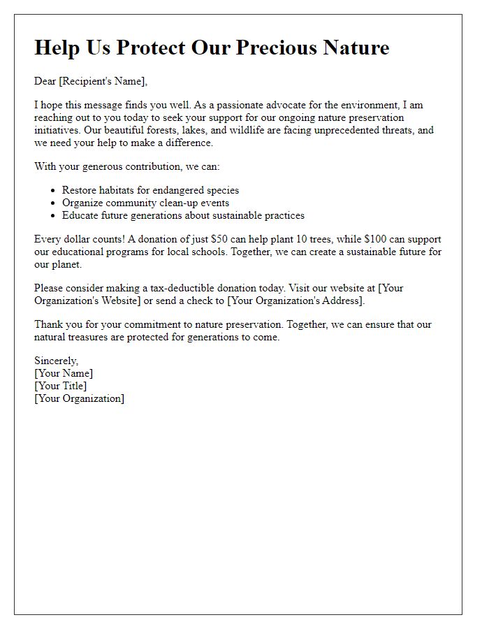 Letter template of nature preservation fundraising message.