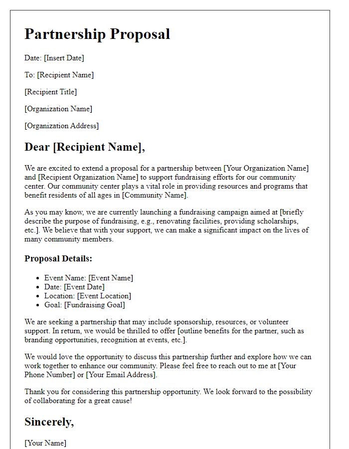 Letter template of partnership proposal for community center fundraising.