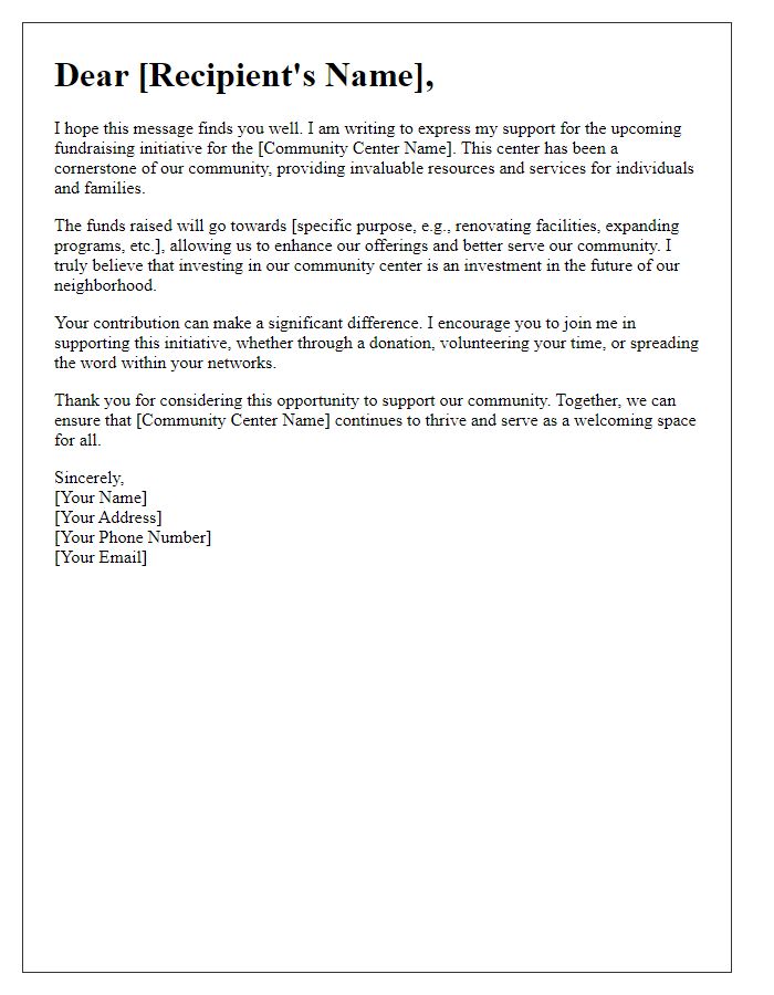 Letter template of support for community center fundraising initiative.