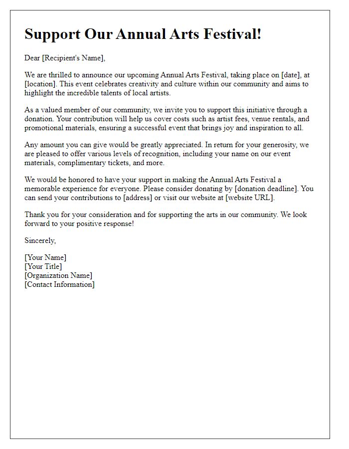 Letter template of arts festival donation solicitation for community support.