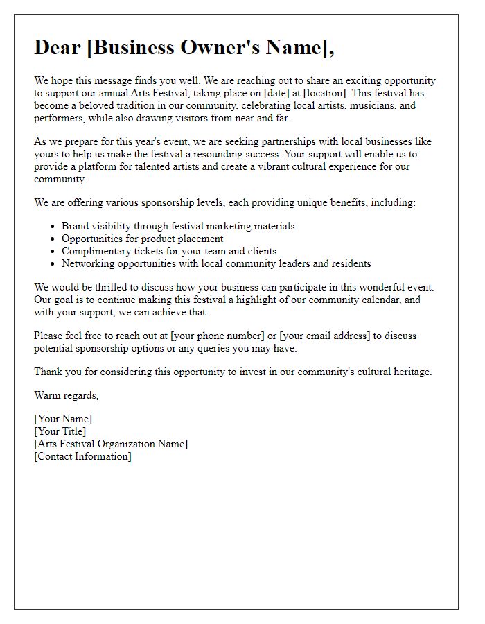 Letter template of arts festival funding appeal to local businesses.