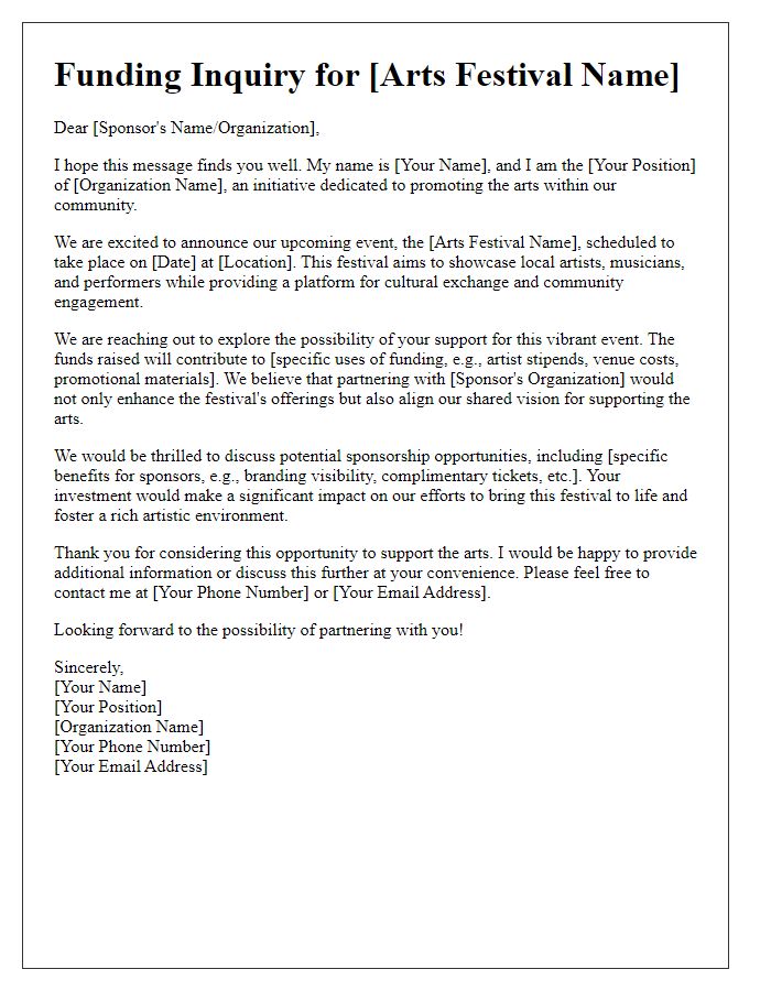 Letter template of arts festival funding inquiry to potential sponsors.