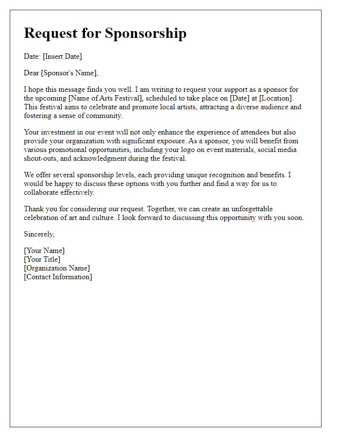 Letter template of arts festival fundraising sponsorship request.