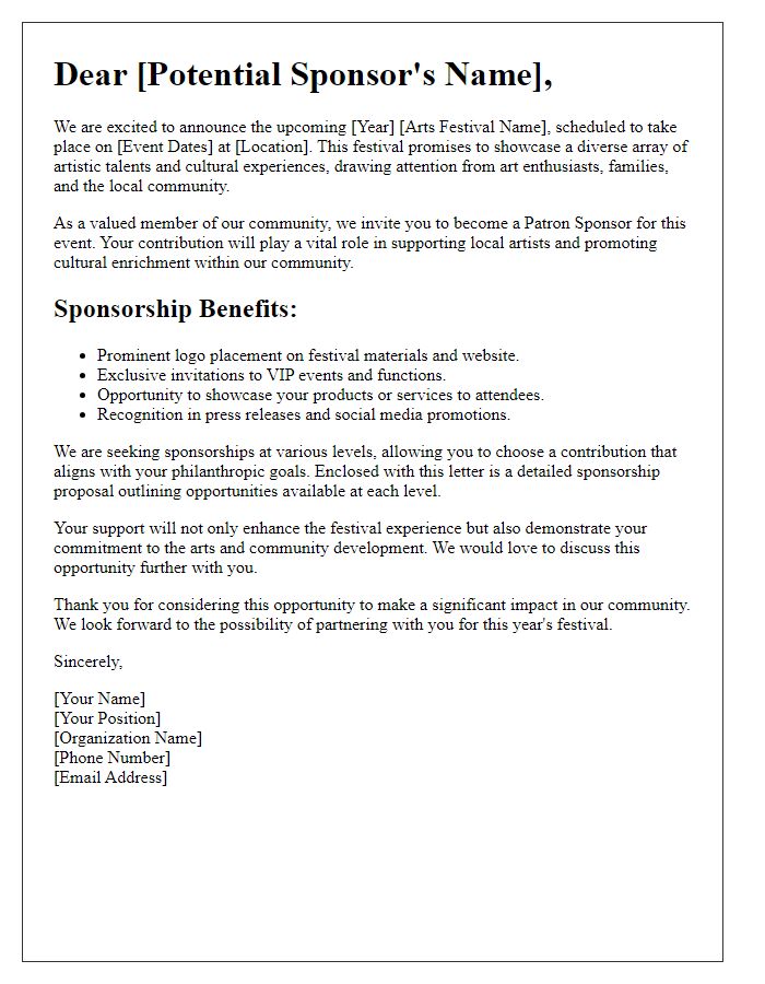 Letter template of arts festival patron sponsorship opportunity.