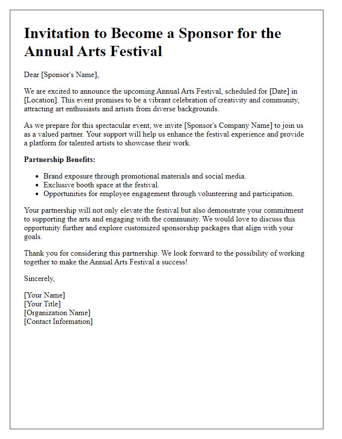 Letter template of arts festival sponsor partnership invitation.