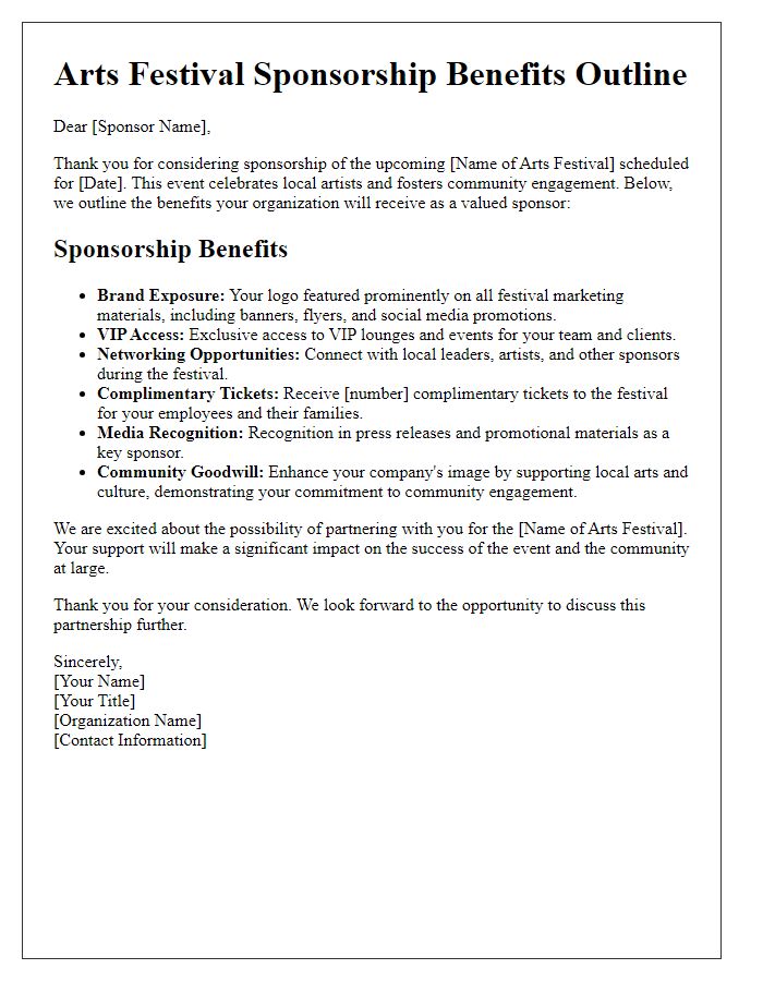 Letter template of arts festival sponsorship benefits outline.