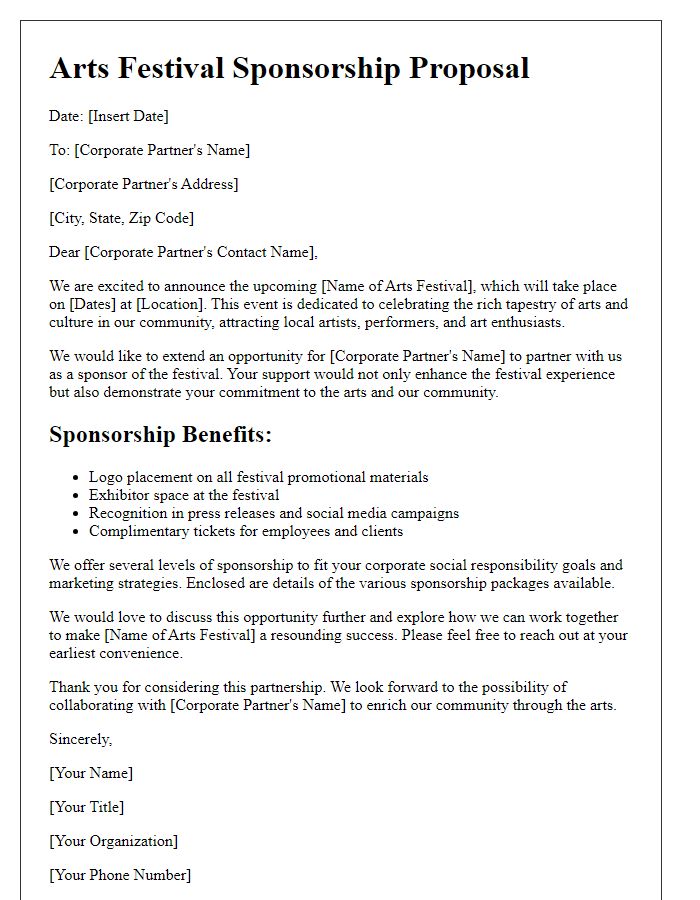 Letter template of arts festival sponsorship proposal for corporate partners.