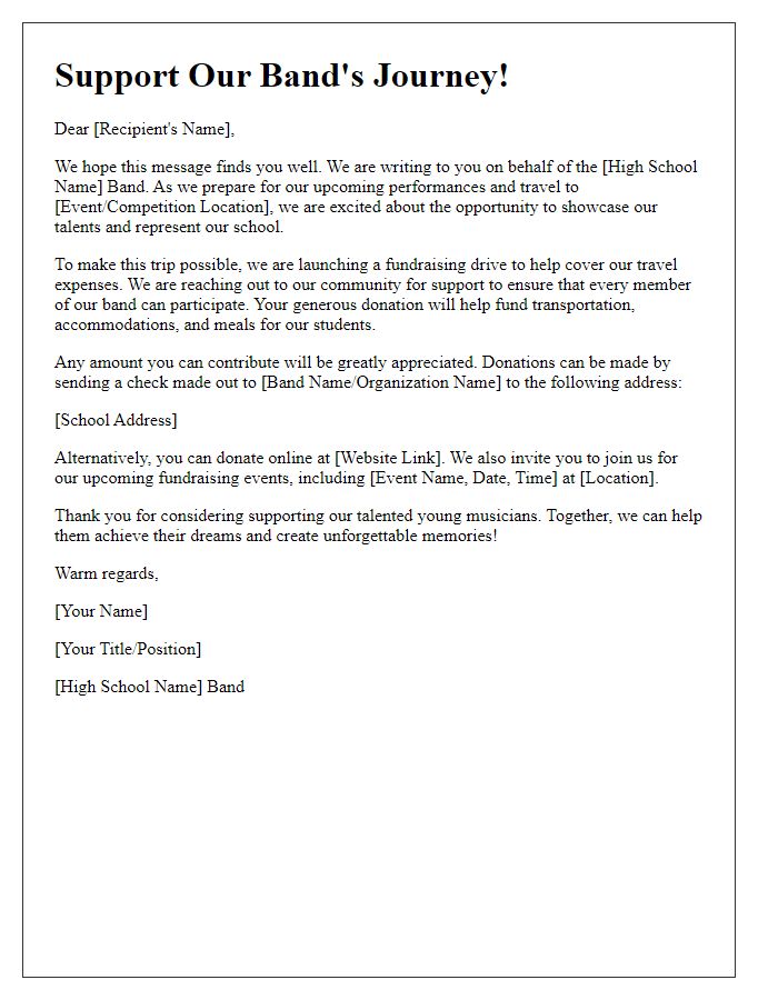 Letter template of a high school band fundraising drive for travel expenses.