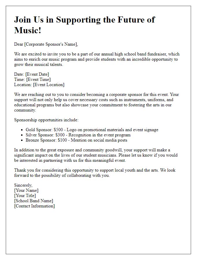 Letter template of a high school band fundraising invitation for corporate sponsorships.