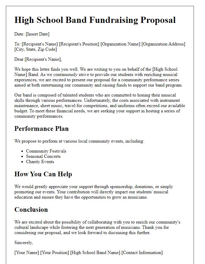 Letter template of a high school band fundraising proposal for community performances.