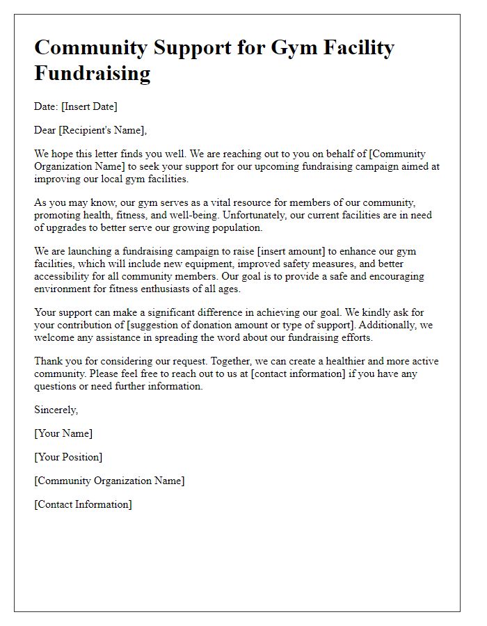 Letter template of Community Support for Gym Facility Fundraising.