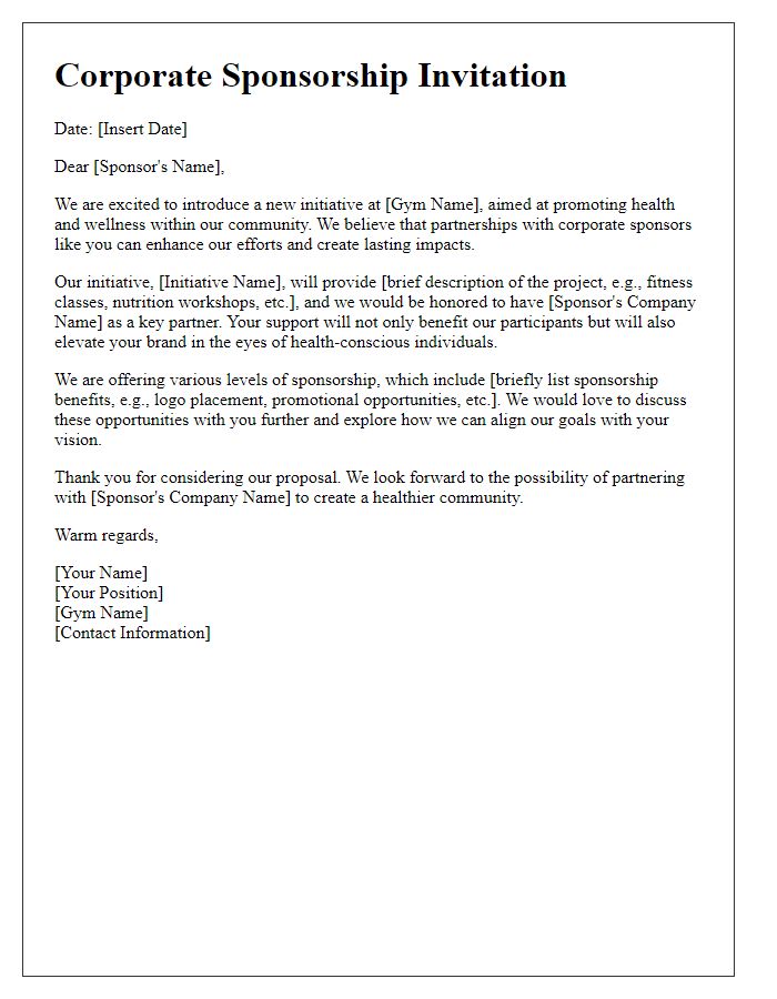 Letter template of Corporate Sponsorship Invitation for Gym Initiative.