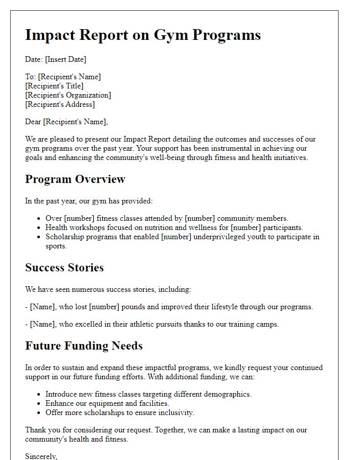 Letter template of Impact Report to Support Future Gym Funding Efforts.