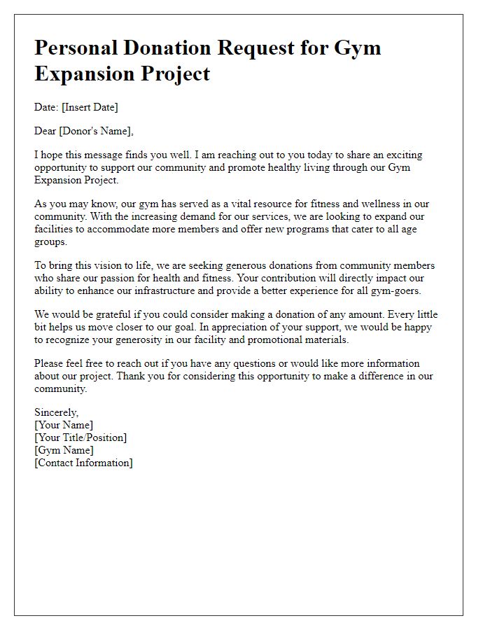 Letter template of Personal Donation Request for Gym Expansion Project.