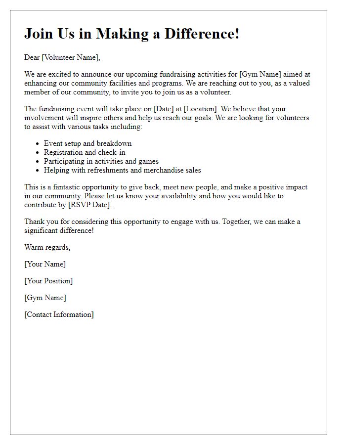 Letter template of Volunteer Engagement Call for Gym Fundraising Activities.