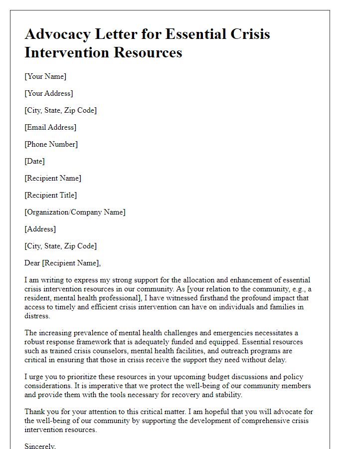 Letter template of advocacy for essential crisis intervention resources.