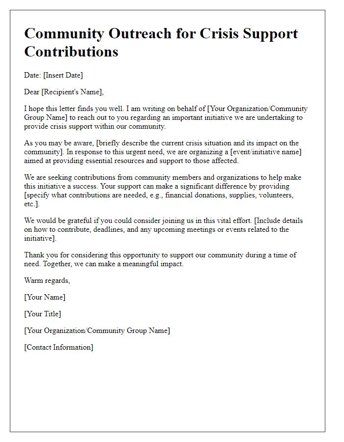 Letter template of community outreach for crisis support contributions.