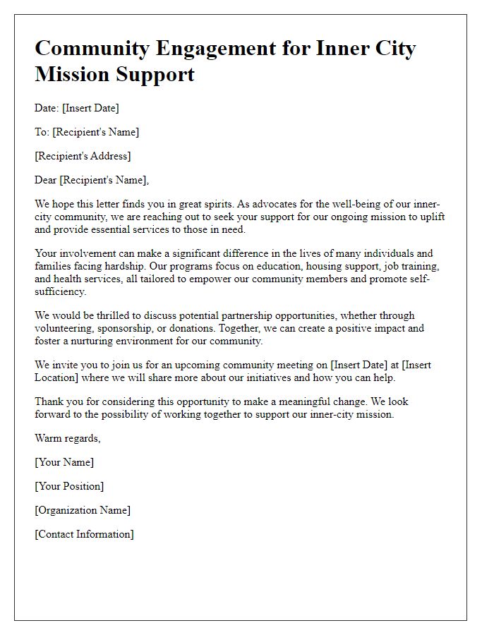 Letter template of community engagement for inner city mission support.