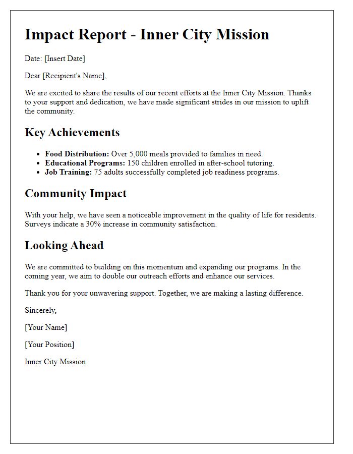 Letter template of impact report to showcase inner city mission results.