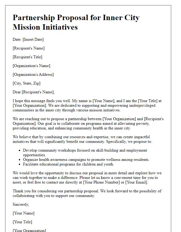 Letter template of partnership proposal for inner city mission initiatives.