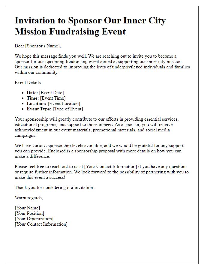 Letter template of sponsorship invitation for inner city mission fundraising.