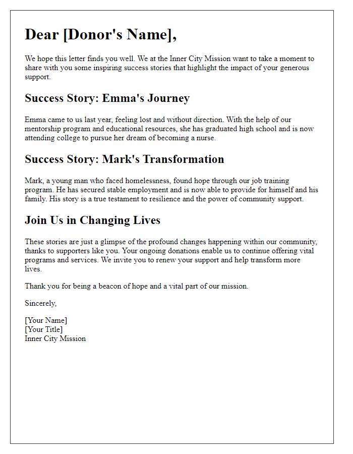 Letter template of success stories to inspire donations for inner city mission.