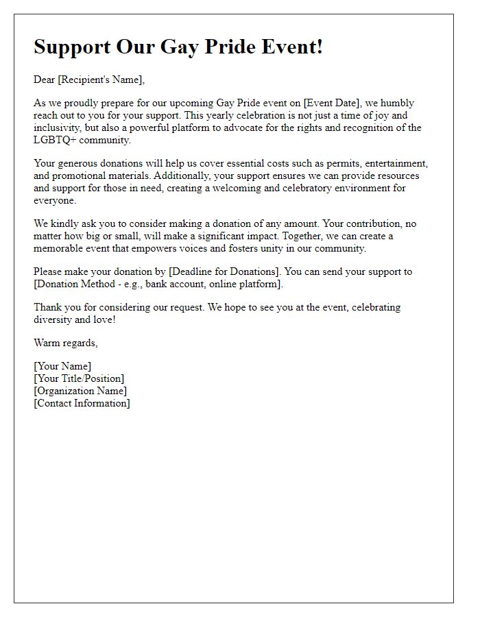 Letter template of appeal for donations for gay pride event.