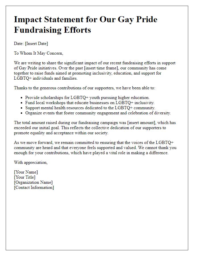 Letter template of impact statement for gay pride fundraising efforts.