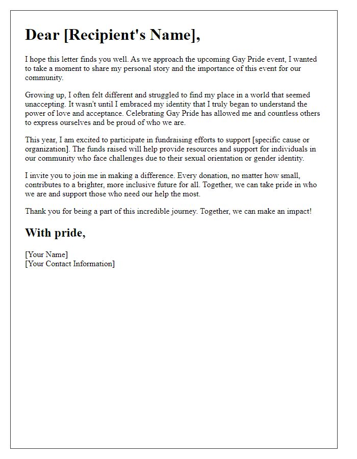 Letter template of personal story sharing for gay pride event fundraising.