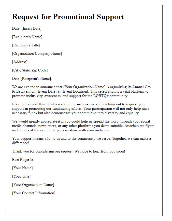 Letter template of promotional request for gay pride event fundraising.