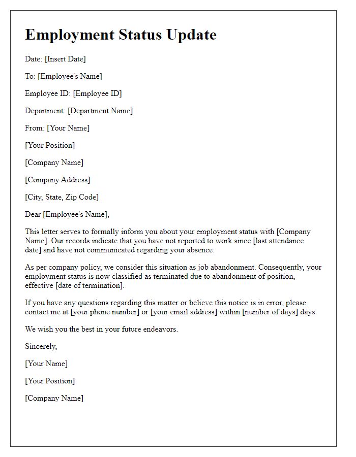 Letter template of employment status update due to abandonment