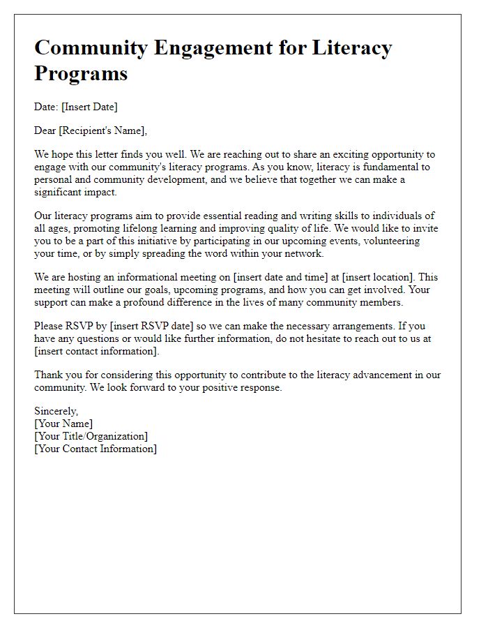 Letter template of community engagement for literacy programs.