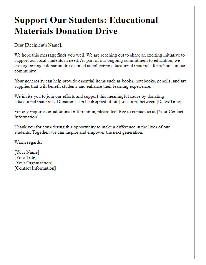 Letter template of donation drive for educational materials.