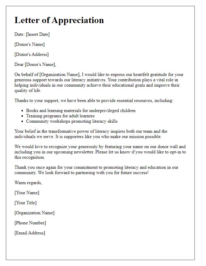 Letter template of donor recognition for literacy supporters.