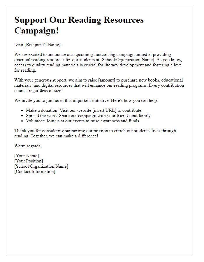 Letter template of fundraising campaign for reading resources.