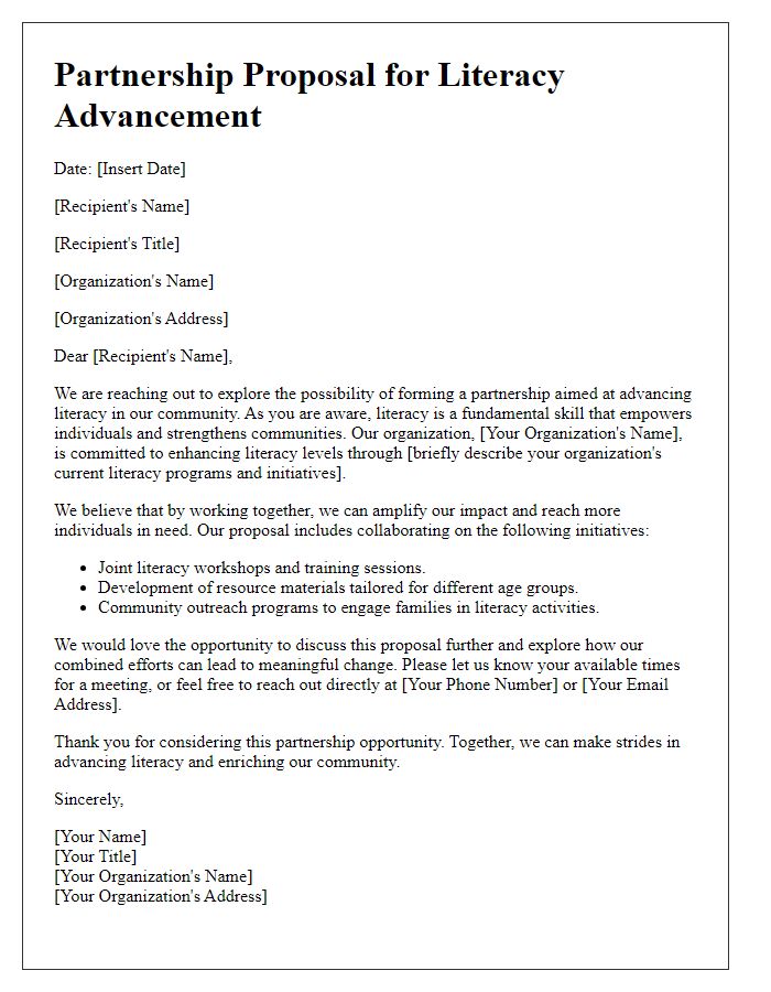 Letter template of partnership proposal for literacy advancement.