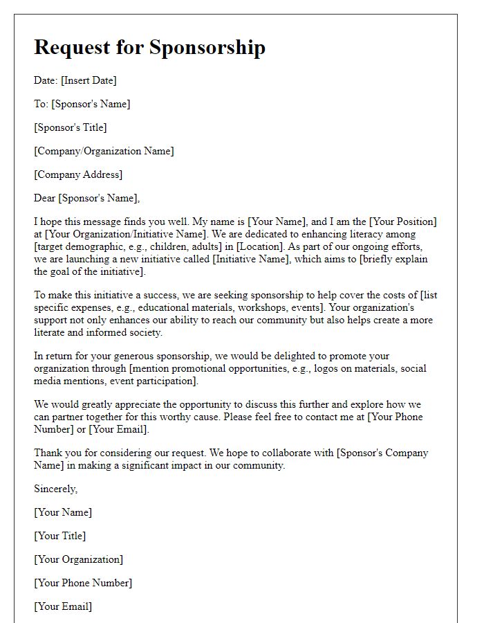 Letter template of sponsorship request for literacy initiatives.