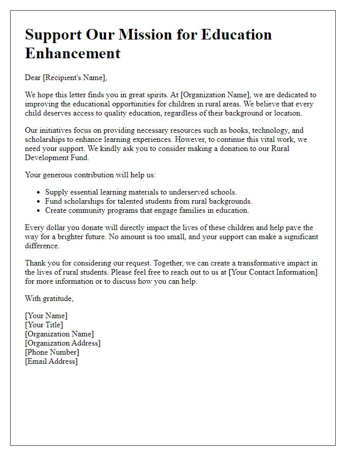 Letter template of Rural Development Fundraising Letter for Education Enhancement