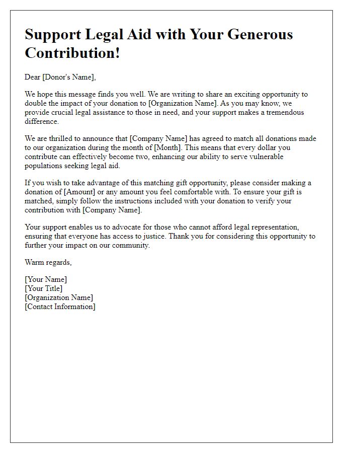 Letter template of matching gift opportunity for legal aid support.