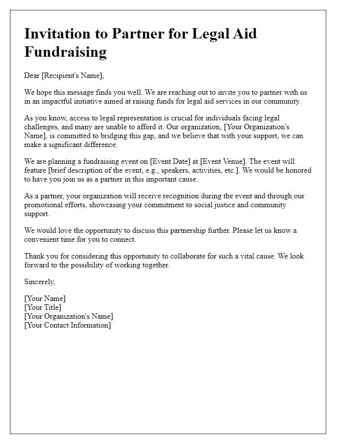 Letter template of partnership invitation for legal aid fundraising.