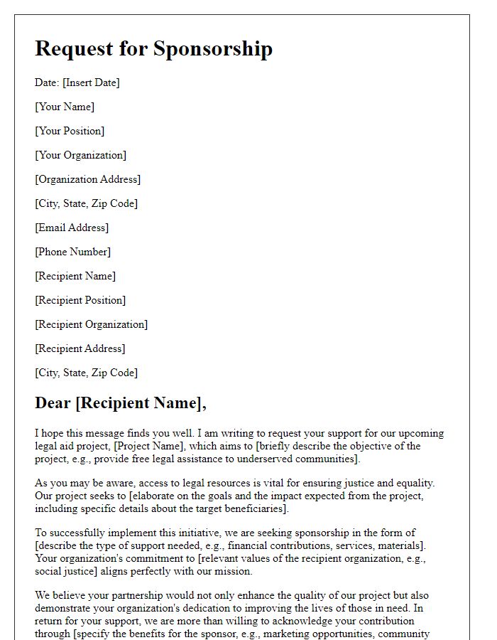 Letter template of sponsorship request for legal aid projects.