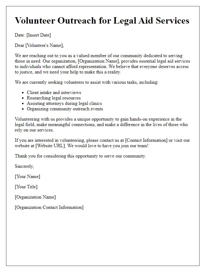 Letter template of volunteer outreach for legal aid services.