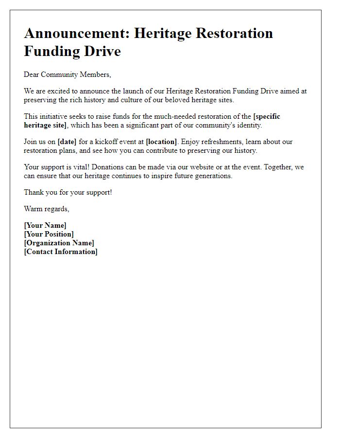 Letter template of announcement for heritage restoration funding drive.