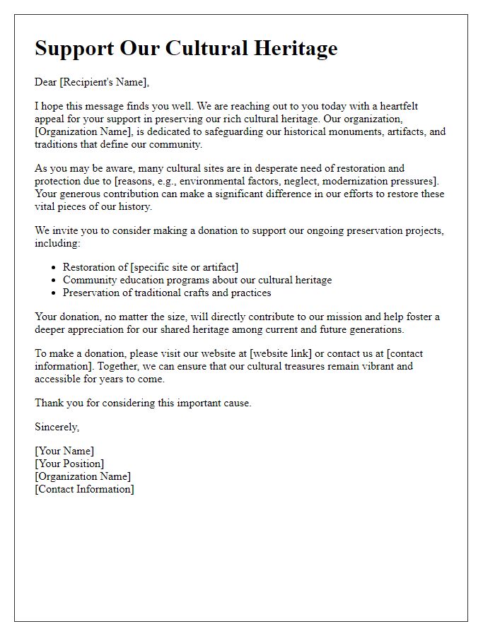 Letter template of appeal for cultural heritage preservation donations.