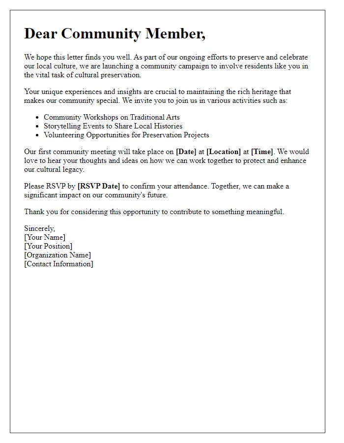 Letter template of campaign for community involvement in cultural preservation.