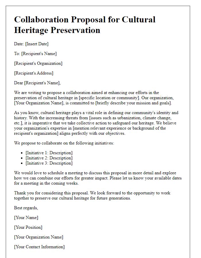 Letter template of collaboration proposal for cultural heritage preservation.