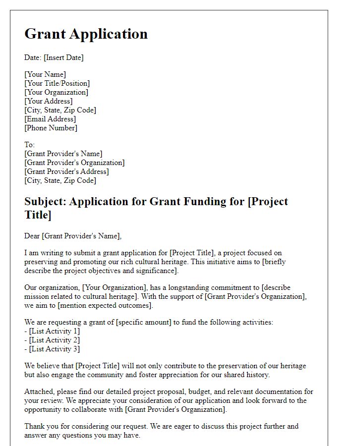 Letter template of grant application for cultural heritage projects.