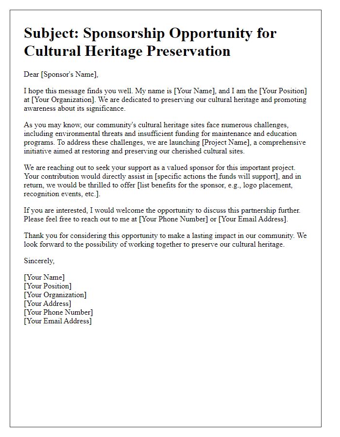 Letter template of outreach for cultural heritage preservation sponsorships.