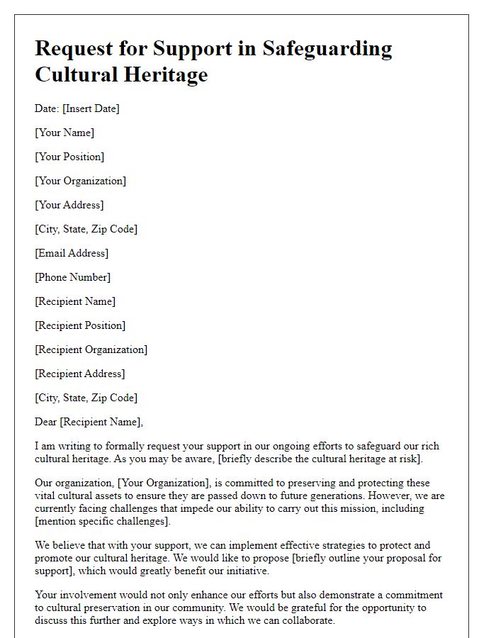 Letter template of request for support in safeguarding cultural heritage.