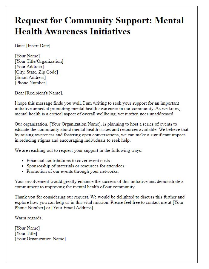 Letter template of community support request for mental health awareness initiatives.